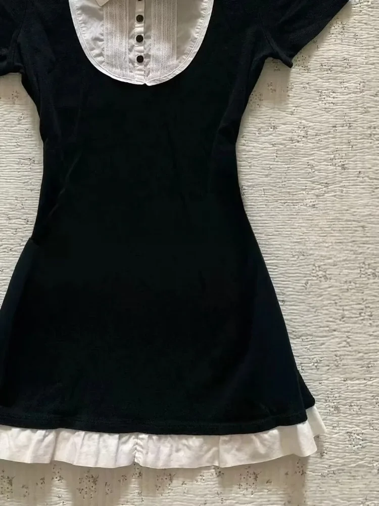 Vintage Casual Skinny Patchwork T Shirt Women High Street Y2k Slim Fit Lapel Retro Chic Fake Two Pieces New Tees Summer 2025