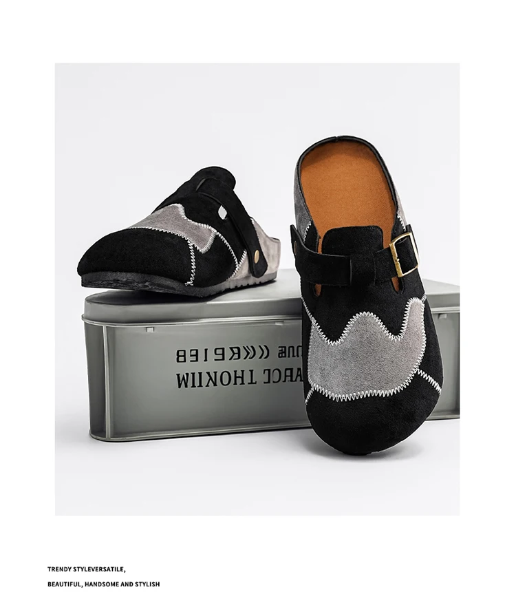 Retro-Farbblock-Mode, vielseitige Mules für Herren, Sandalen mit offenem Rücken und geschlossener Zehenpartie, bequeme Freizeit-Halbschuhe mit weicher Sohle für den täglichen Gebrauch. – Detail 14