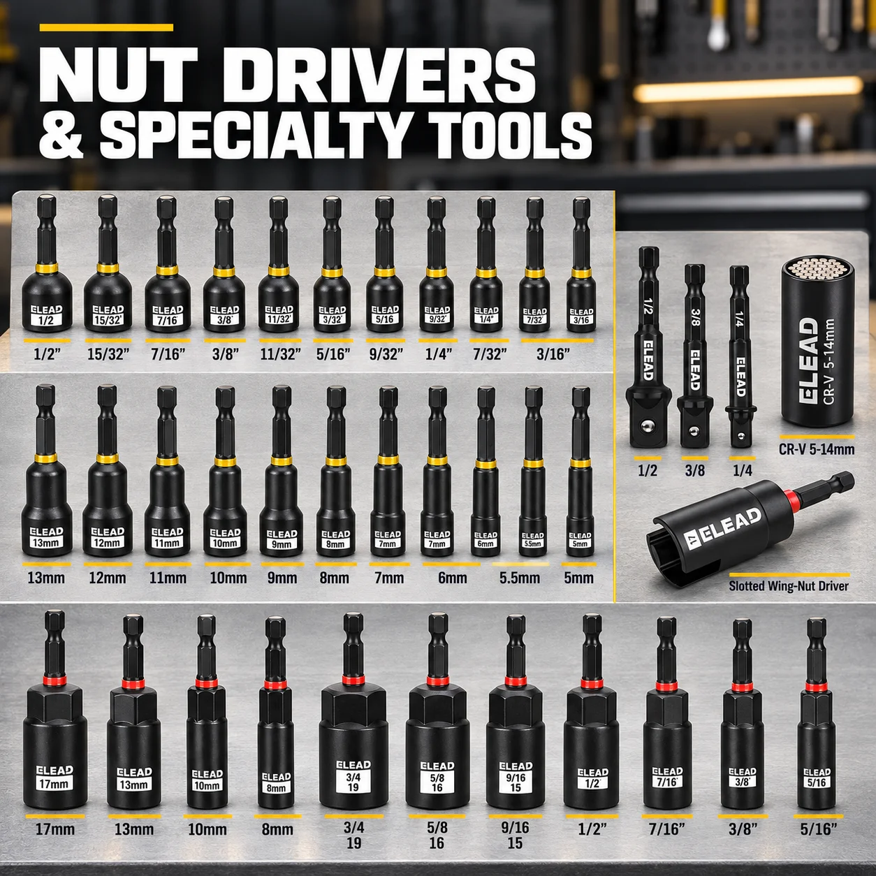 ELEAD 86Pcs Magnetic Impact Nut Driver Bit Set, S2 CR-V Steel Universal Socket for Auto Repair DIY