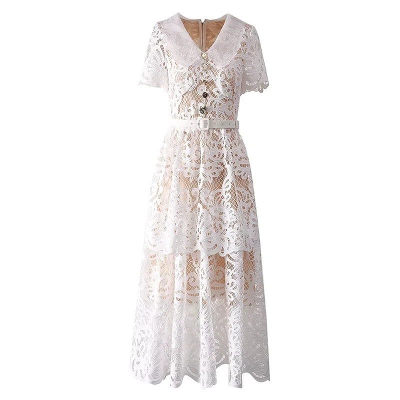 

Summer Beaded Buttons Crochet Lace Hollow out Evening Dress Women's Short Sleeve Ruffle Peplum Belt Prom Midi Robe