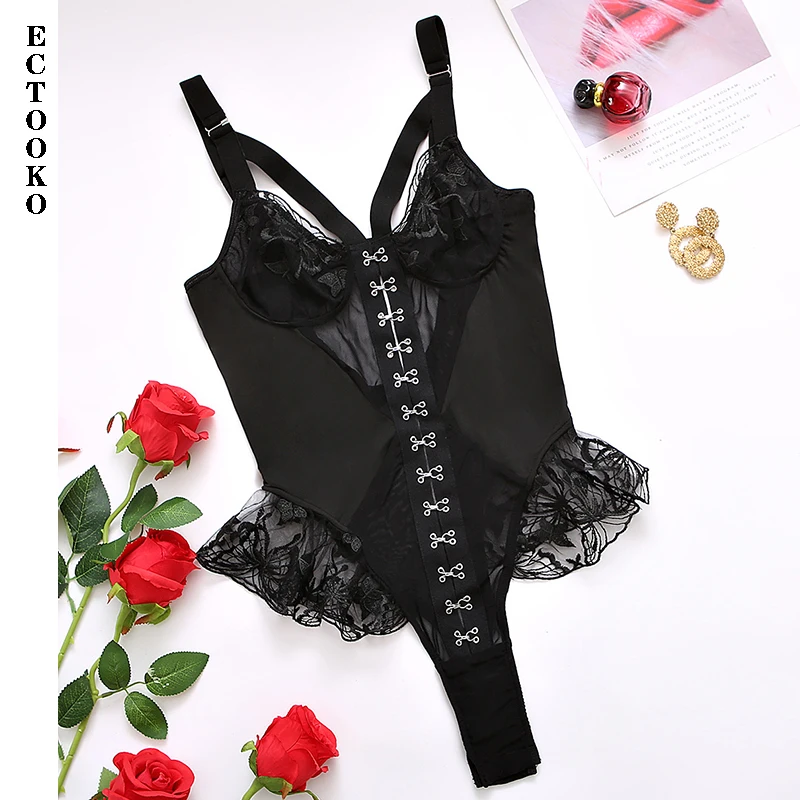 ECTOOKO 2022 Ruffled Lace Bodysuit Lingerie Sexy See Through Fitness Crotchless Body Embroidery Erotic Costumes Sleepwear
