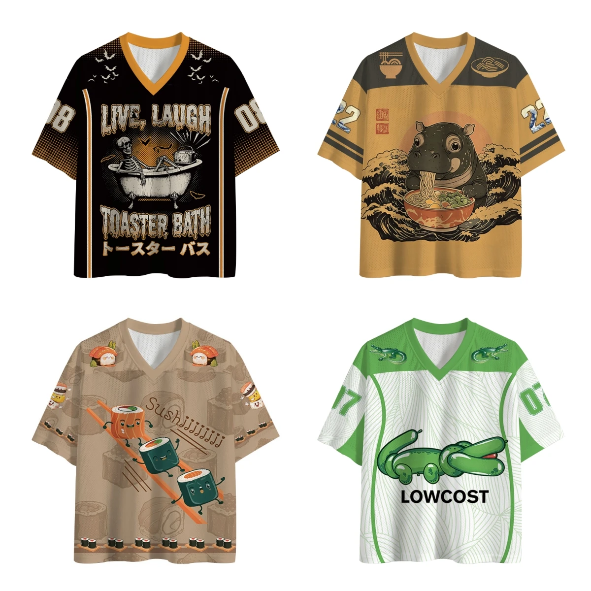 2026 Cute Weird Cartoon Animal Mesh Football Jersey Bundle, 4 Styles V-Neck Graphic Tee Y2K Unisex Streetwear Short Sleeve Top