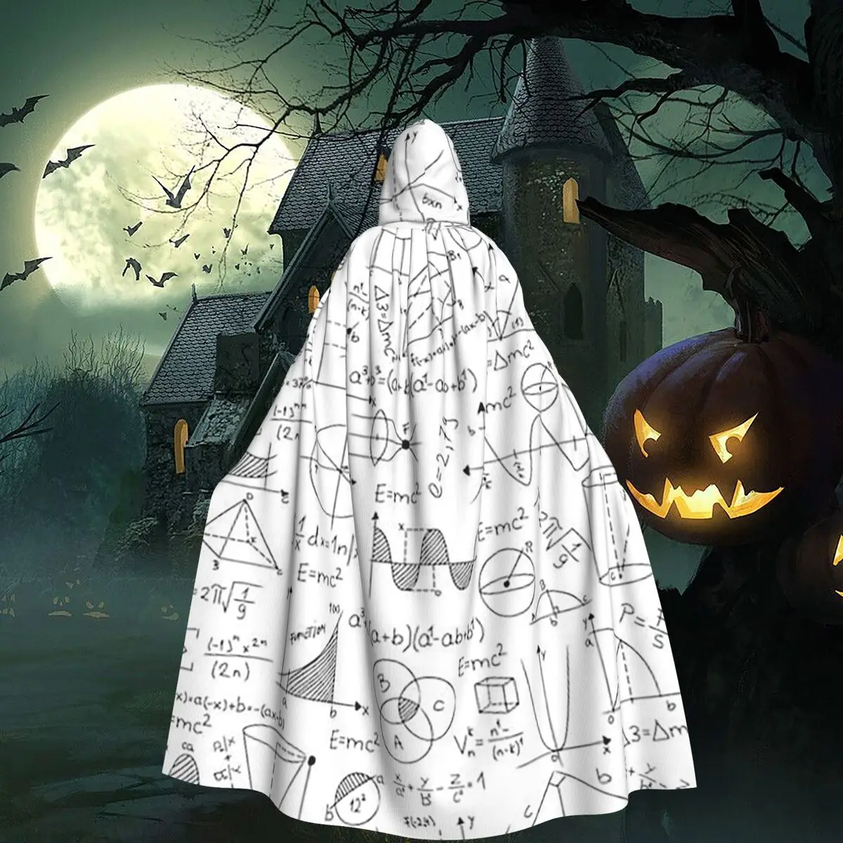 Mathematics Formulas Math Numbers Long Hooded Cloak Witch Medieval Costume Cosplay Cape HalloweenParty Adult Unisex