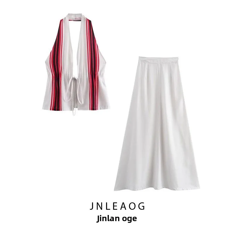 Conjunto de Dos Piezas JNLEAOG Primavera Nuevo Diseño de Moda para Mujer, Top Corto Estampado y Falda Larga, Manga Larga, Cue...