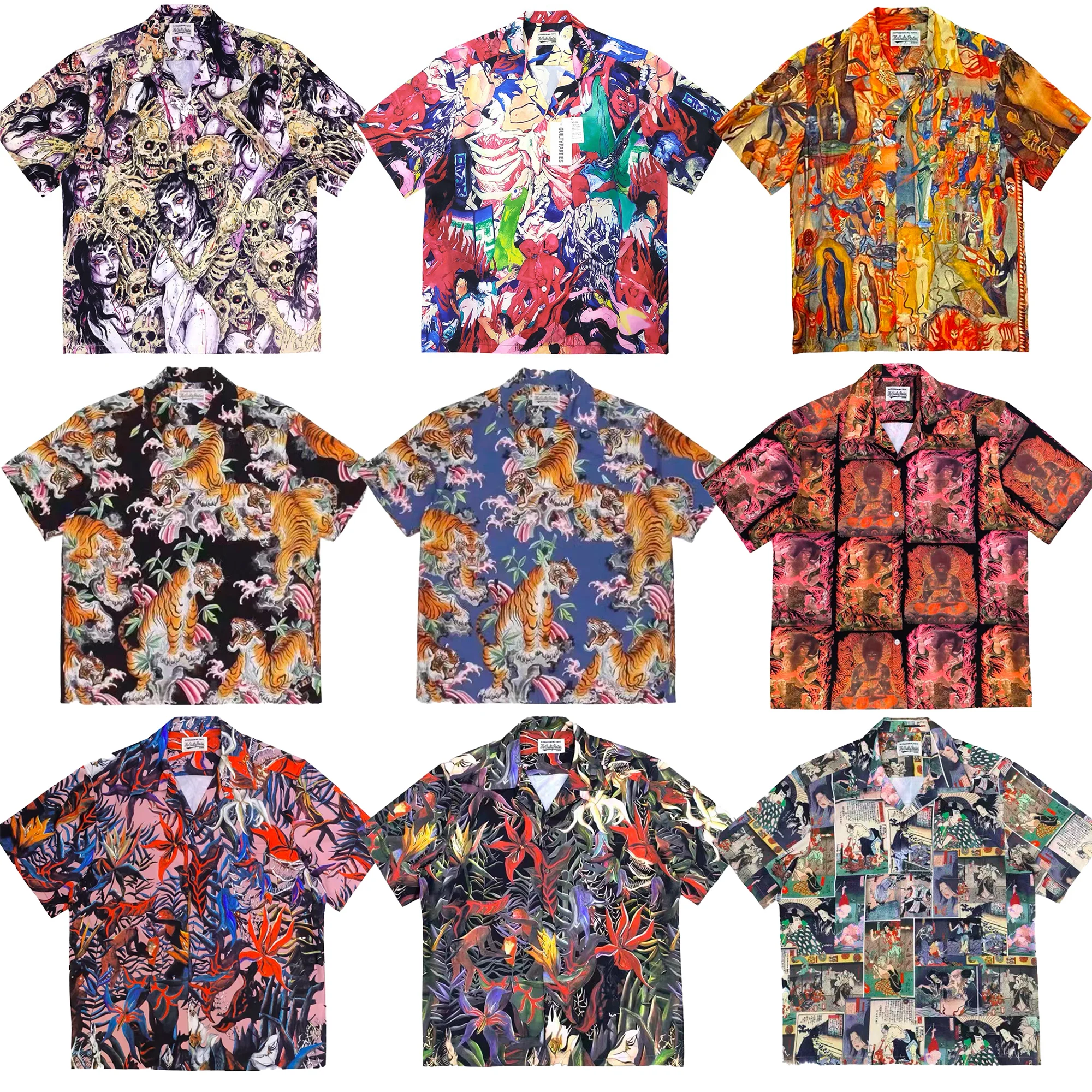 

Мужская и женская повседневная летняя рубашка Life Wacko Maria с гавайским принтом и короткими рукавами, свободный крой, воротник, стандартной толщины