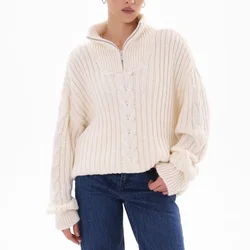 Turtleneck O-neck Sweater Women Zipper Jacquard Autumn Winter Pullover Knit Elastic Jumper Casual Thick Loose Warm Y2k Jumpers