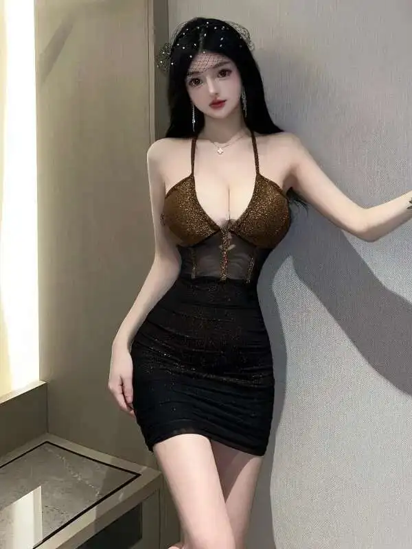 Womengaga sexy picante menina boate dupla camada emenda pendurado cinta pescoço pendurado baixo peito com decote em v vestido apertado elegante e8ko