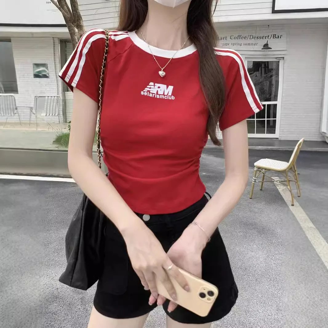 الأمريكية الرجعية المحملة القضبان لصق ort Sve تي شيرت المرأة الصيف الساخن فتاة الخصر النحيف مطوي ort الأعلى #2