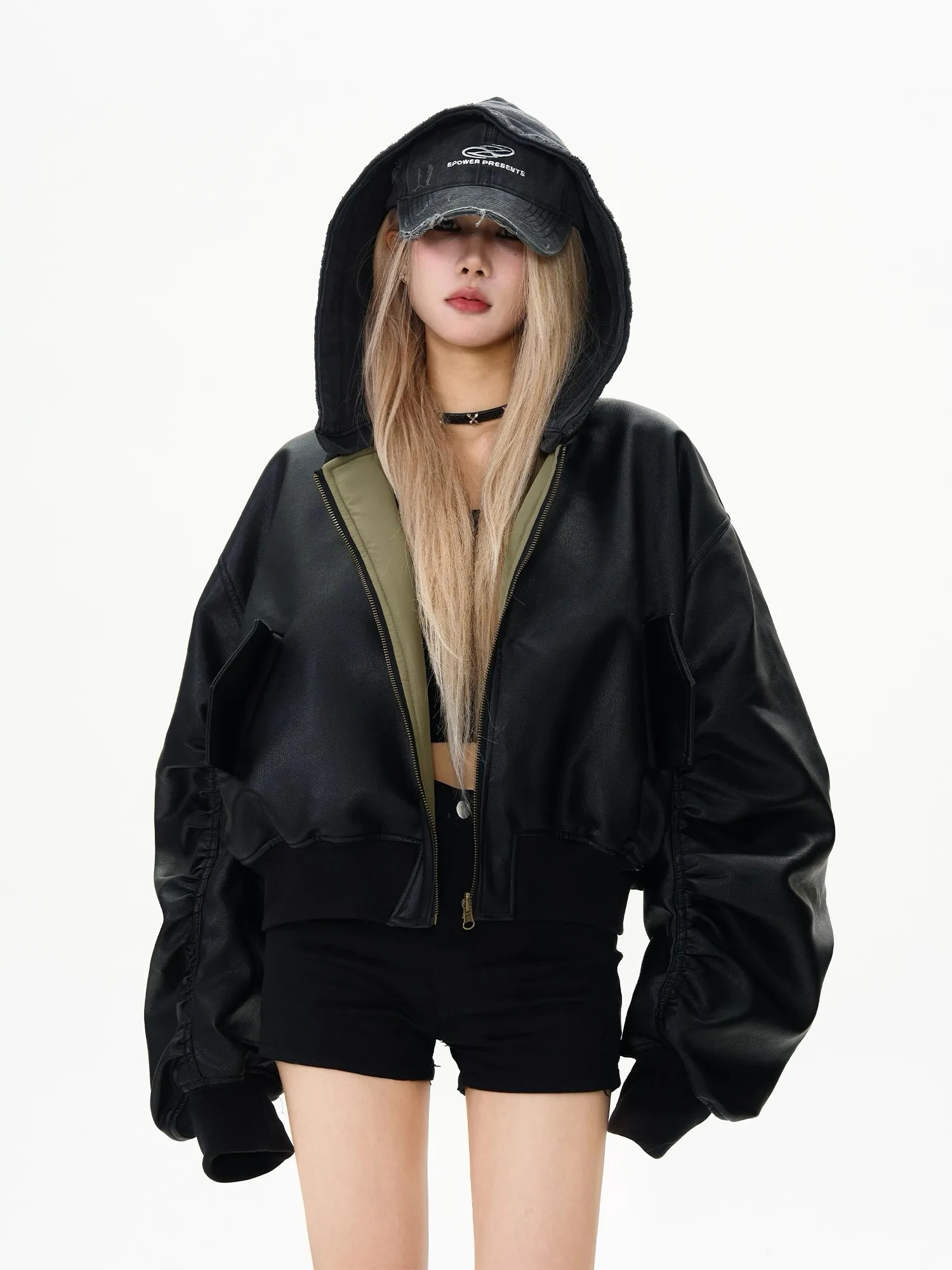 

Lautaro Autumn Cool Short Oversized Reversible Pu Leather Jacket Women with Hood Zippper High Quality Luxury Designer Clothes