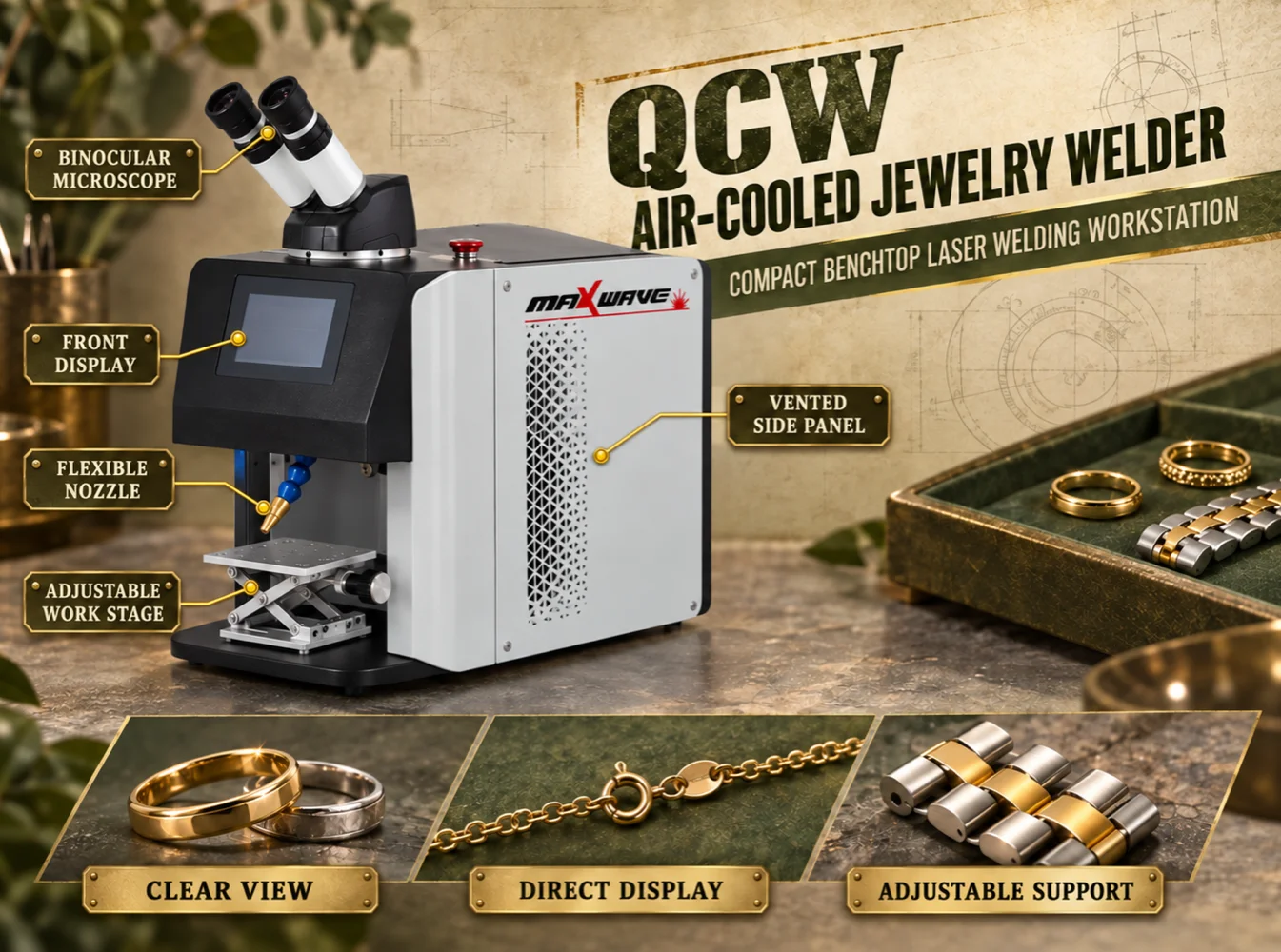 Air-Cooled QCW Jewelry Welder with Binocular Microscope, Front Display and Flexible Nozzle