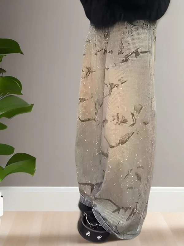 

Spring Faion High Waist Wide Leg Jeans Women's Loose Fit Slimming Denim Pants Printed Rhinestone Design Casual Sle