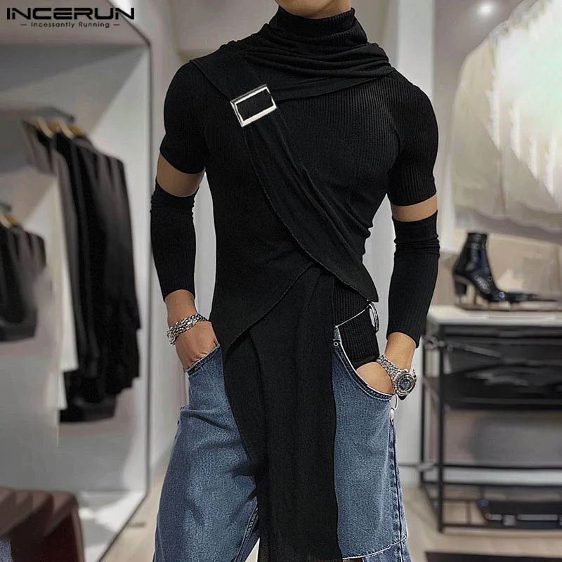 INCERUN Men Irregular T Shirt Solid Turtleneck Short Sleeve Gloves Casual Men Clothing Streetwear 2024 Fitness Fashion Camisetas