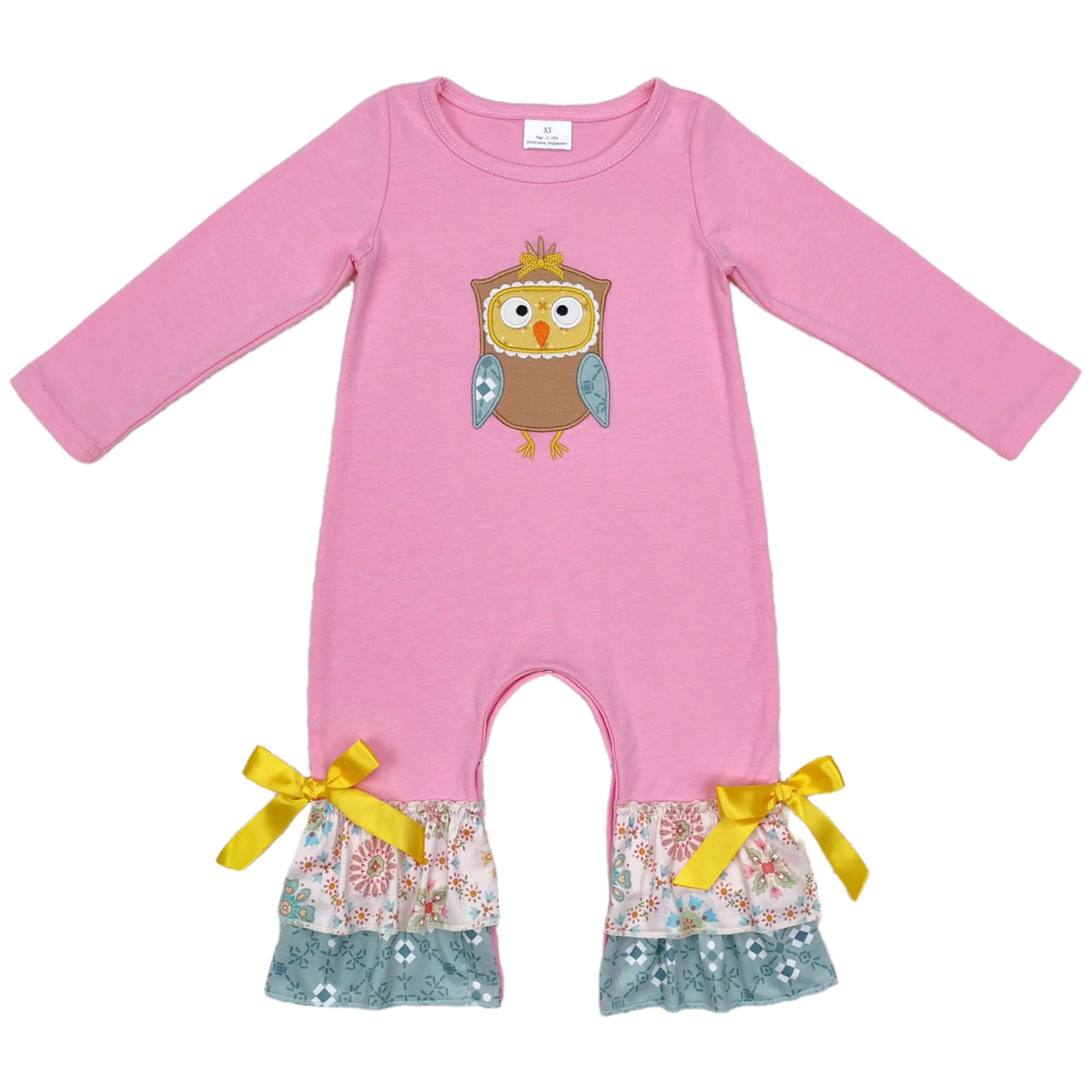 

Wholesale Baby Girl Newborn Embroidery Bird Long Sleeves Jumpsuit Kids Children Infant Pink Bows Toddler Buttons Ruffle Romper