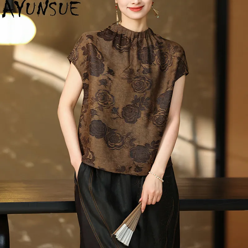 AYUNSUE 100% Real Mulberry Silk Womens Tops Vintage Printed Women T Shirts Summer Pleated Clothes for Women 2026 Ropa De Mujer