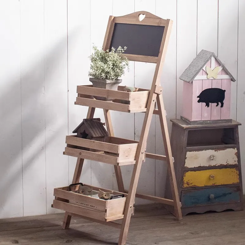 

American retro solid wood three-layer stepped blackboard flower stand balcony trapezoidal floor-to-ceiling succulent plant rack