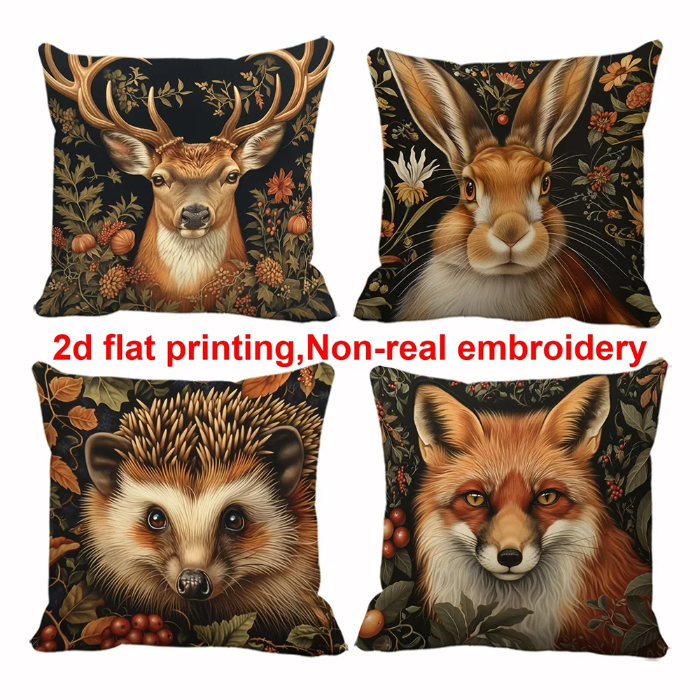 Four Adorable Animal-Printed Pillowcases: Deer, Rabbit, Hedgehog, Fox Sofa cushion cover home room decoration 2D flat printing