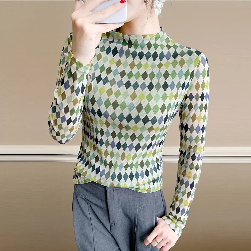 

Women High Collar Top Mesh Long Sleeve Printed High Elasticity Autumn Winter Fashion