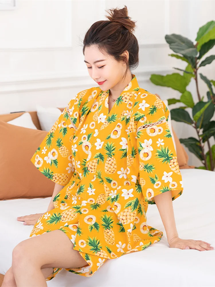 

Couple's Japan Style Cotton Home Wear Floral Prints Women's Short Sleeve Summer Pajamas Set Men's Bathrobe