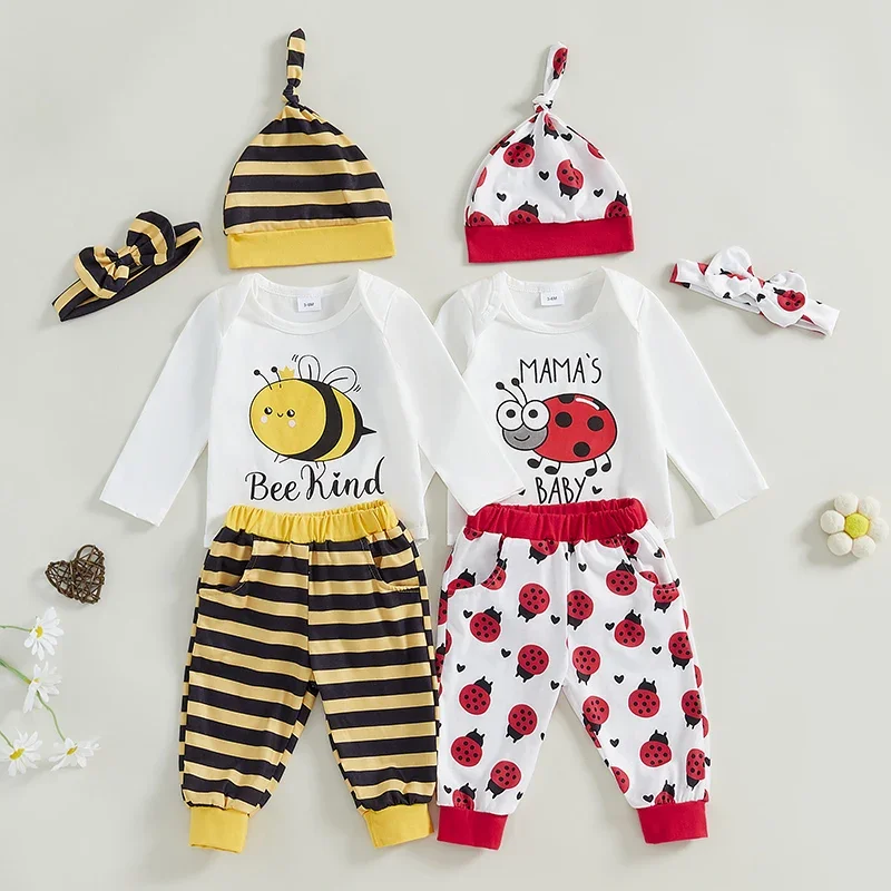 0-18 Months Baby Fall Clothes Outfits Bee/ Ladybug Print Long Sleeve Rompers and Elastic Pants Bow Headband Hat 4 Piece Set