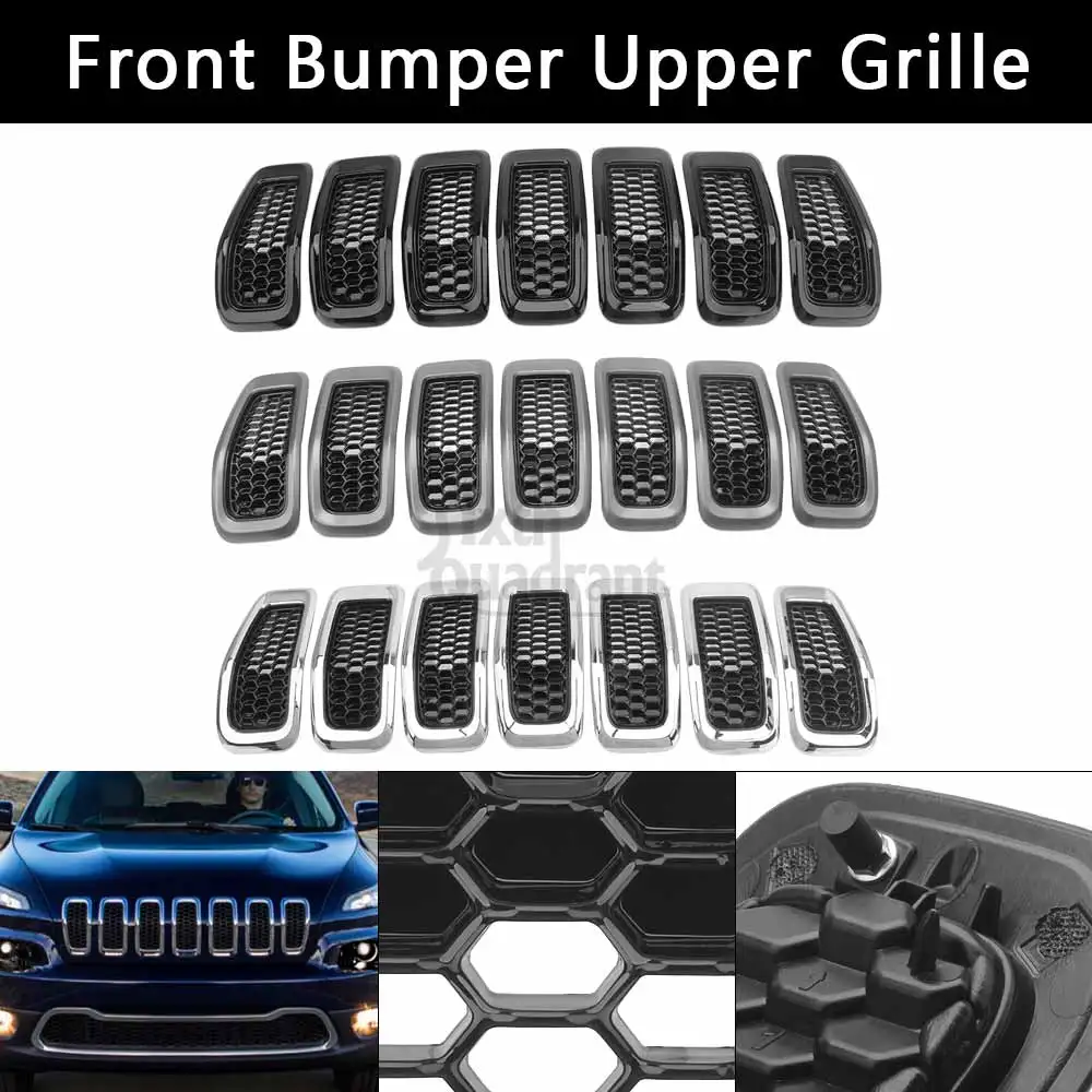 7PCS Black Front Bumper Upper Grille ABS Plastic For Jeep Cherokee 2014 2015 2016 2017 2018 #68303626AA, 68303626AB 68303626AC
