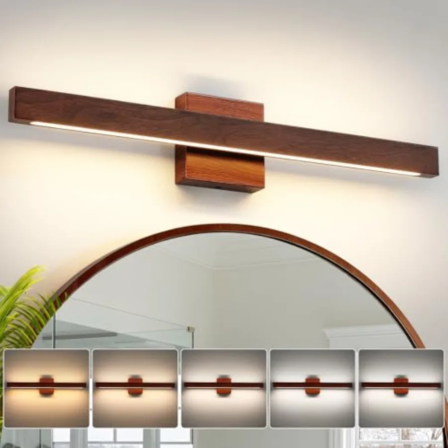 

Modern Bathroom Light Fixtures Over Mirror 24 Inch Brown Wood Finish Vanity Light Bar 20W Dimmable 5CCT LED Vanity Lights for B