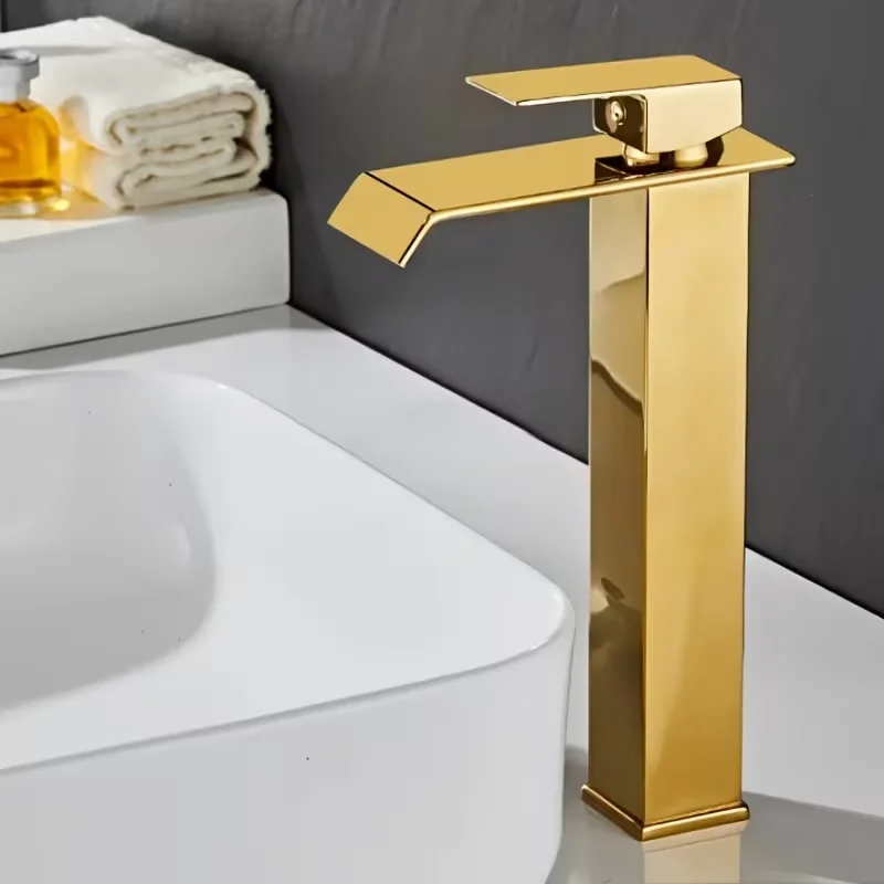 Wastafelkraan Goud en Zwart Watervalkraan Messing Badkamerkraan Badkamer Wastafelkraan Mengkraan Warme en koude wastafelkraan
