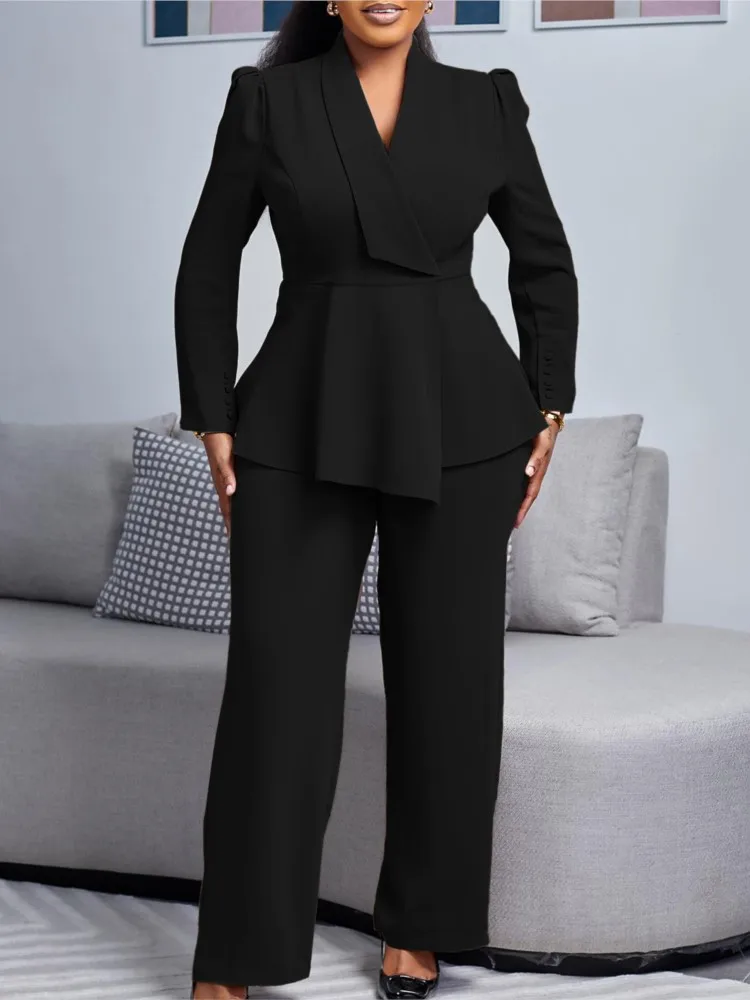 Women Two Pieces Set Elegant Long Sleeves Tops High Waist Pants Trousers Modest Peplum Office Ladies Work Wear Business Suit New