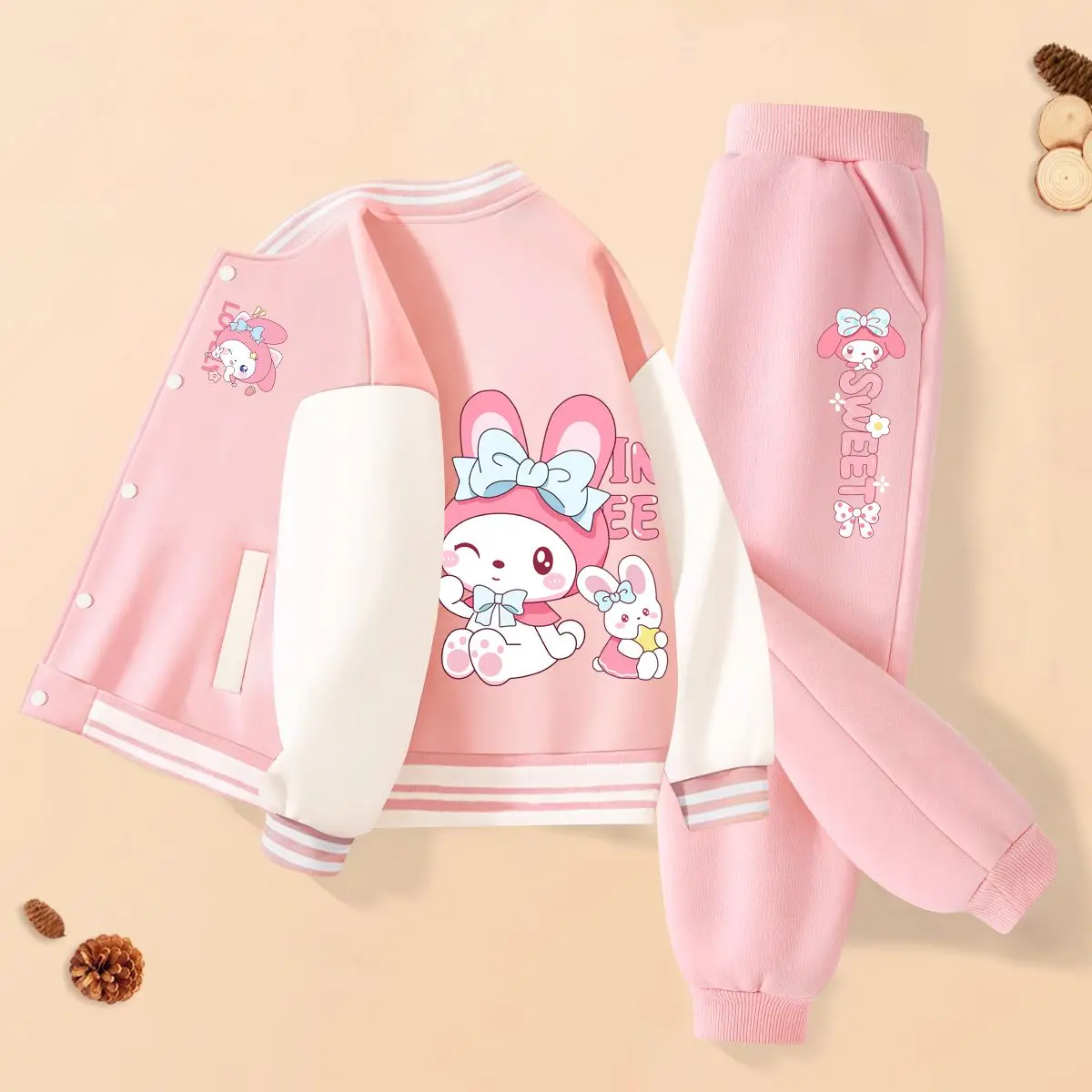 

Костюм из двух предметов для девочек Sanrio Kuromi Cinnamoroll, новинка 2024, бейсбольная униформа, куртка, штаны, модель одежды для девочек My Melody