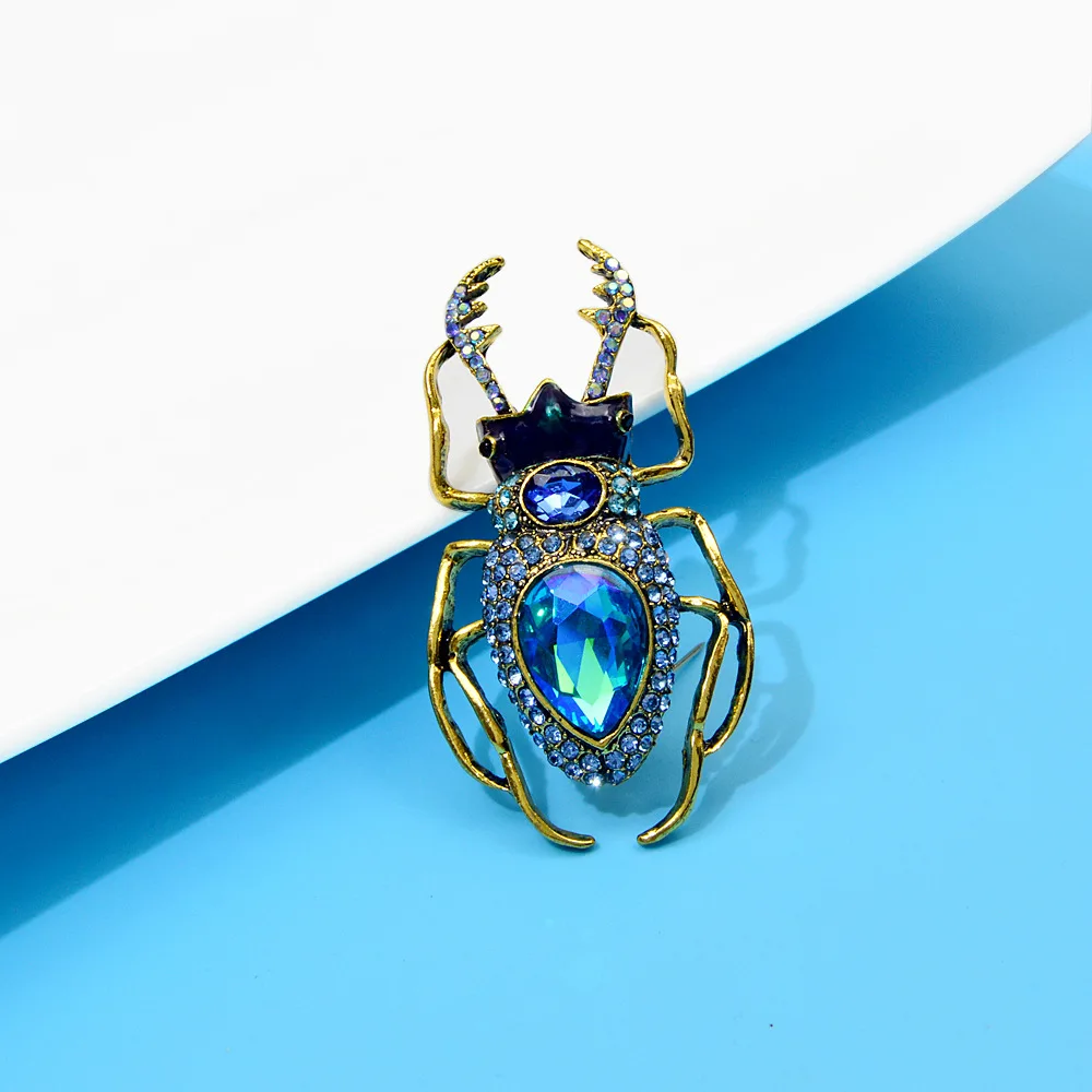 Vintage Punk Blue Crystal Beetle Brooches For Woman Man Fashion Creative Insect Rhinestone Pin Dress Suit Coat Jewelry Accessory image 2