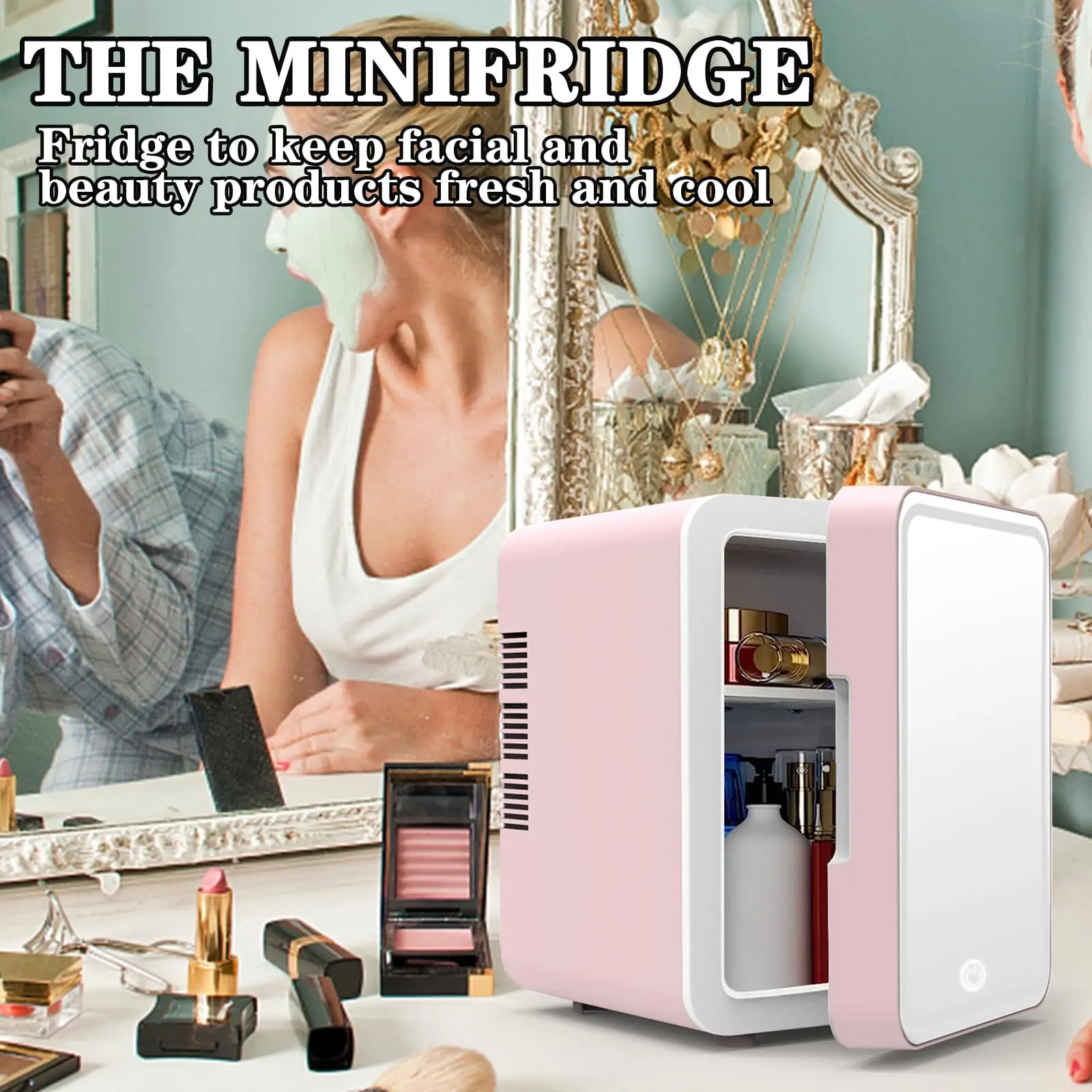 Easy-Take Skincare Fridge Mini Fridge with Dimmable LED Mirror,Cooler and Warmer,for Refrigerating Makeup and Food,Mini Fridge