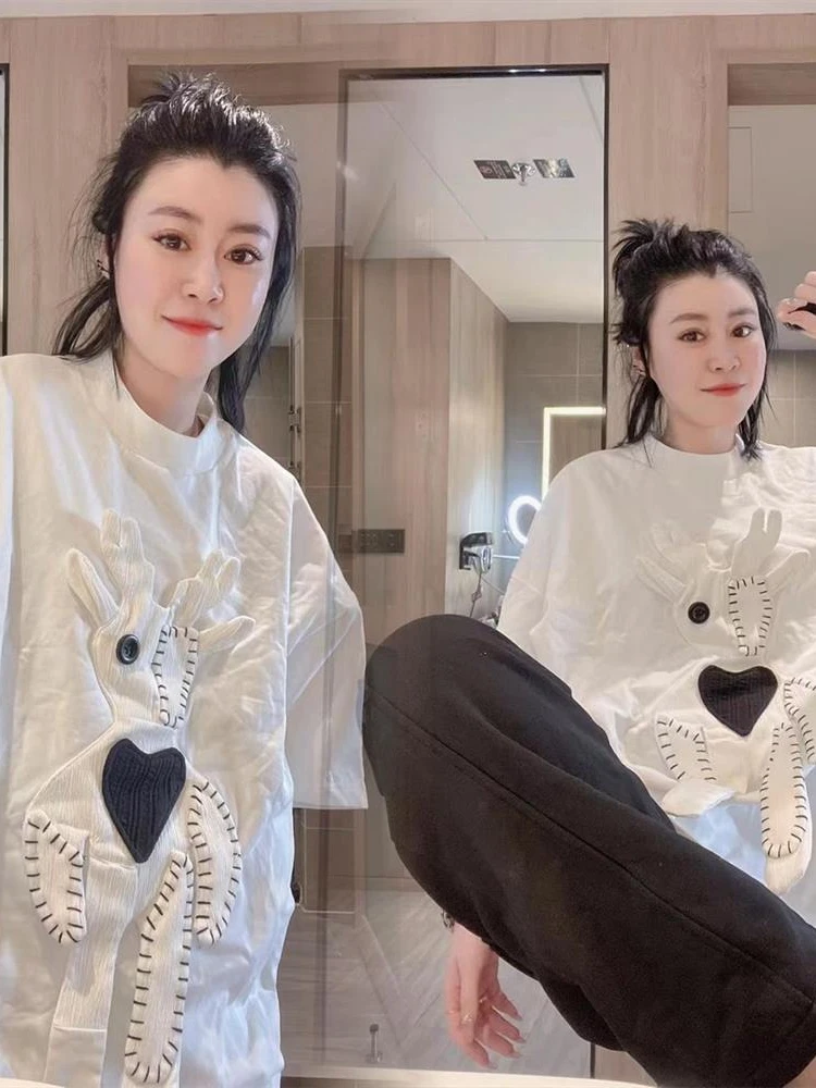 

Extra Large Size 300 Pounds Heavy Duty 3D Heart Short Sleeve Women's T-Shirt Summer Loose Belly Covering Anti-Aging Top