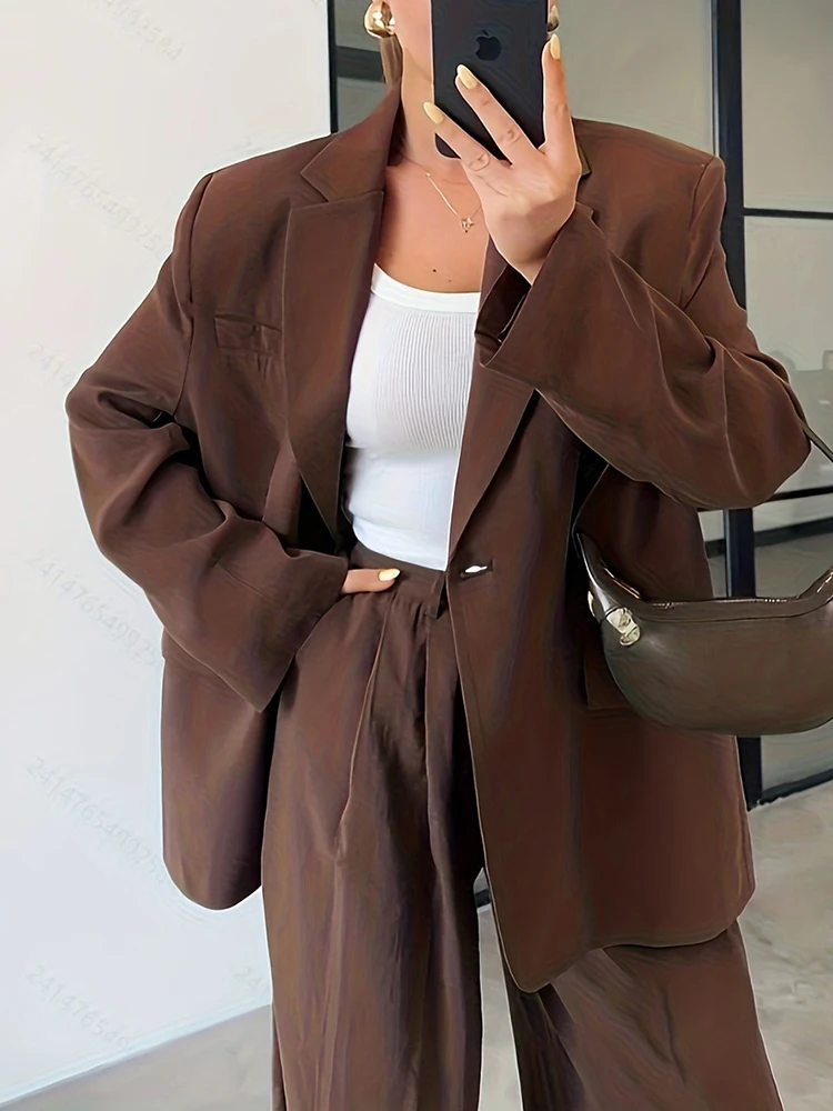 Elegant Lady Button Pocket Pants Outfit Casual Solid Long Sleeve Blazer&Wide Leg Pants Set Fashion Women Loose Commute Two Piece
