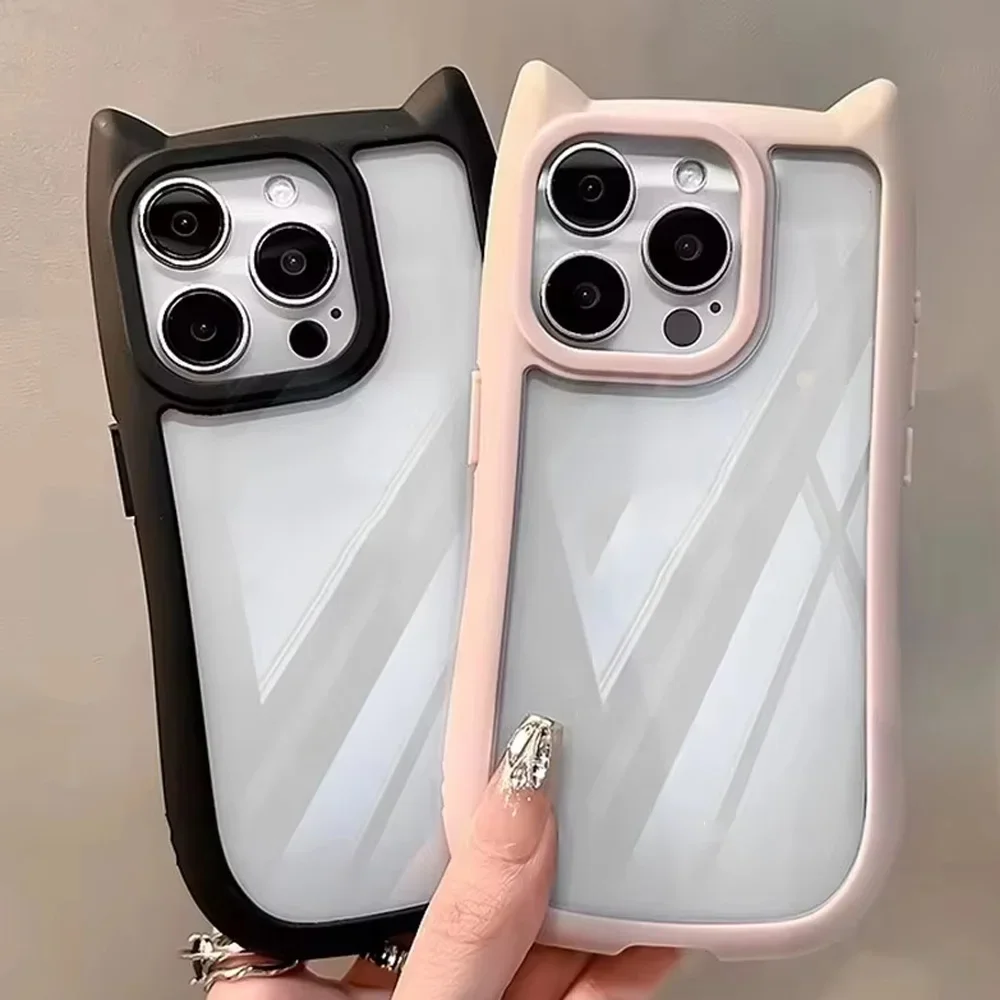 Cute Cat Ear Transparent Phone Case For iPhone 15 Case iPhone 17 Air 16 13 11 12 14 Pro Max Silicone Shockproof Soft Cover Funda
