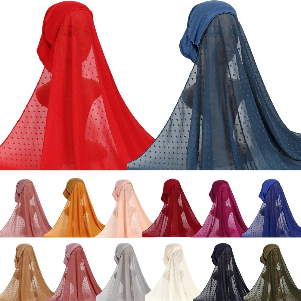 

Muslim Women Pom Pom Chiffon Instant Hijab Scarf With Modal Bonnet Cap Hijabs Scarves Shawl with Under Caps Bonnet Headscarf