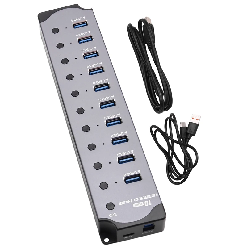 10 in 1 Powered USB HUB 10 Ports USB Adapter USB Splitter USB 3.0 Interface Individual Switch RGB E-Marker Heat Design