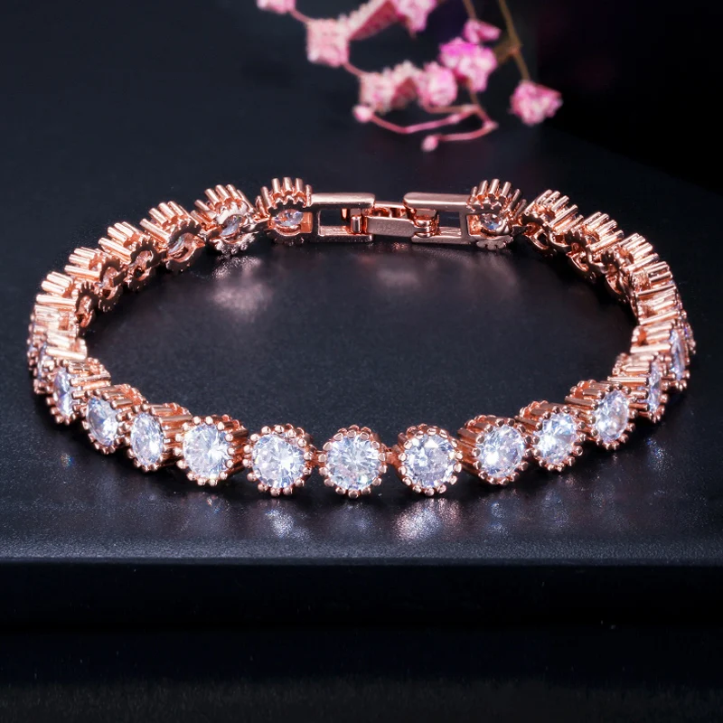 

ThreeGraces Sparkling White Cubic Zirconia Stone Rose Gold Color Round CZ Tennis Bracelet for Women Fashion Party Jewelry BR362