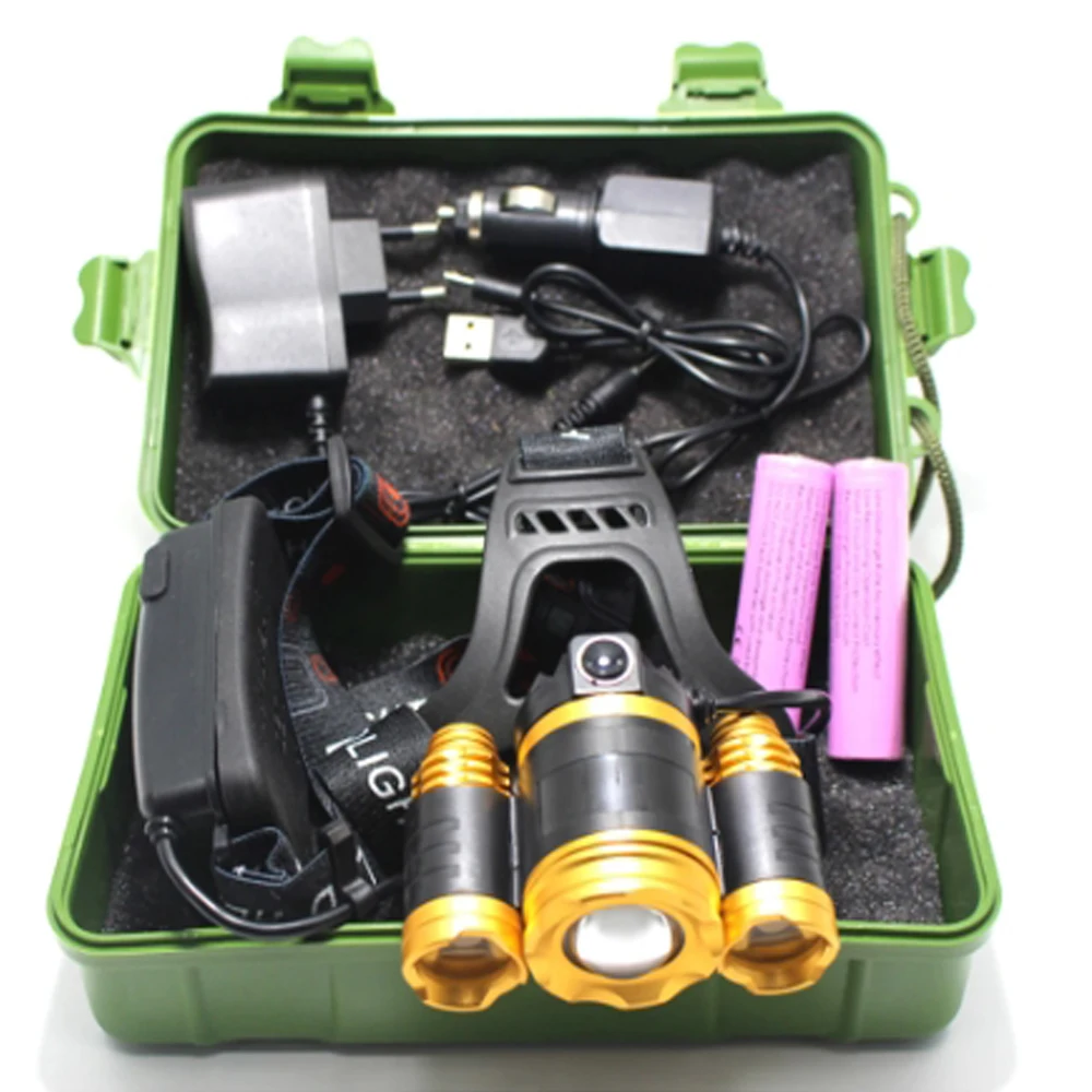 8000 Lumen T6 +2*R5 Zoom LED Headlamp 4 Modes Head Light Lamp LED Headlight+2x18650 Batteries+Charger+USB