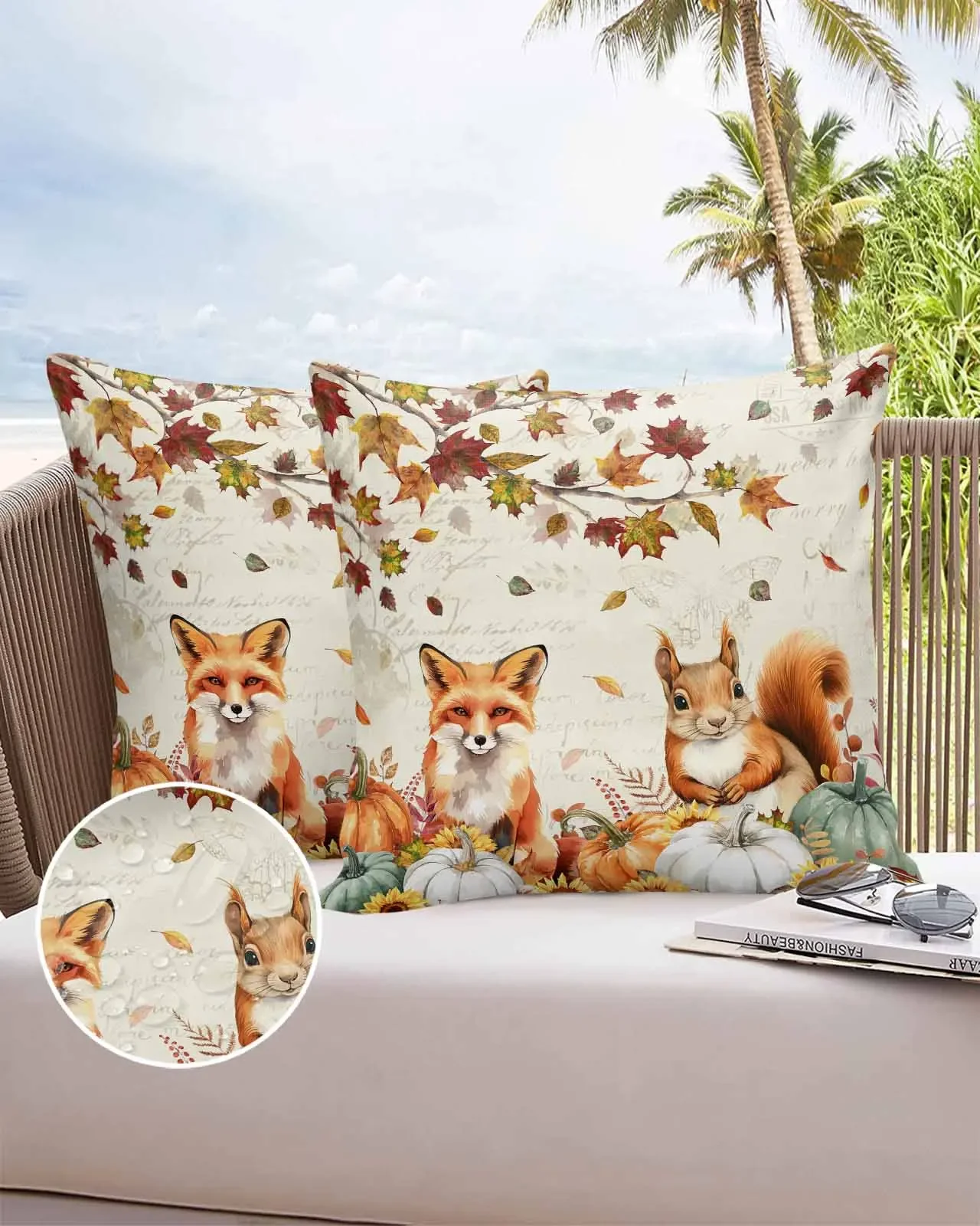 2/4PCS Thanksgiving Pumpkin Fox Squirrel Vintage Letter Outdoor Garden Chair Waterproof Cover Cushion Home Decor Pillow Case