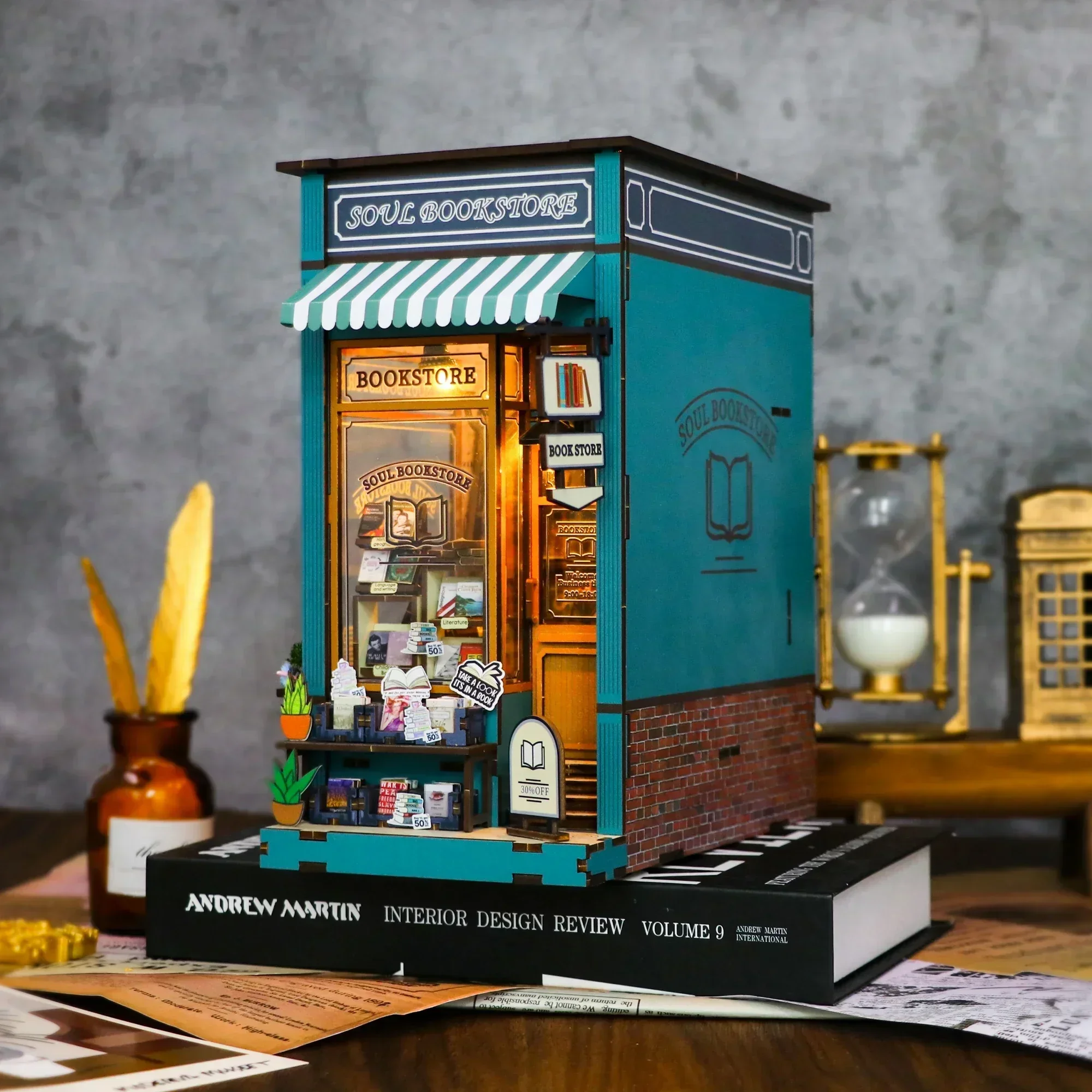 Pawsera DIY Wooden Soul Bookstore Book Nook Shelf Insert Kit Miniature Building Kits Bookshelf Bookends