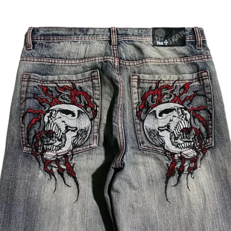 Y2K Fashion New Hiphop Skull Graphic Embroidery Blue Retro Jeans Streetwear Men And Women Popular Harajuku Gothic Wide-leg Pants