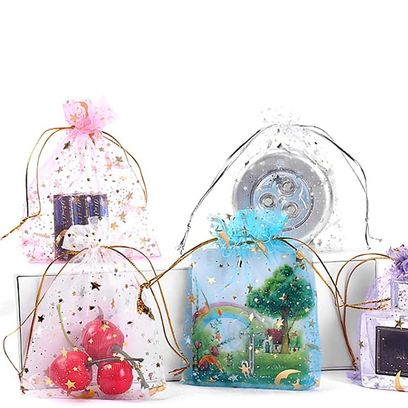 50/100 Pcs/Lot 7x9 9x12 10x15 13x18cm Printing Star Moon Christmas Organza Sack Drawstring Charm Packaging Bags Daily Jewelry