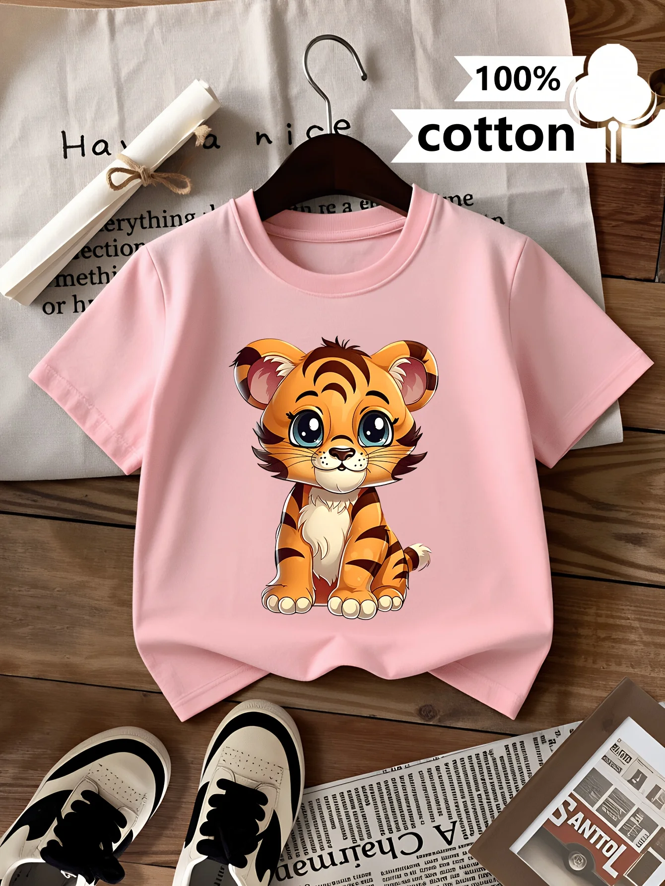 Children's T-shirt with Cute Little Tiger Pattern Print Summer Children's Clothing, Fashionable and Fun Parent-child Outfit