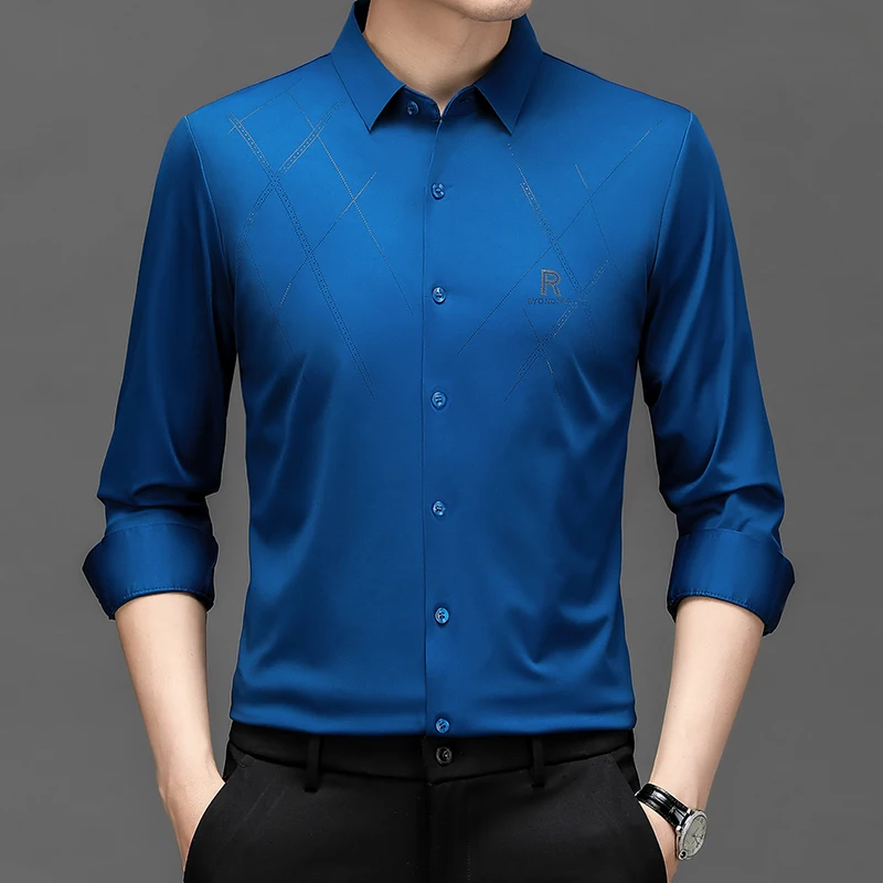 

Smart Casual Seamless Shirts For Men Rivets Luxury Long Sleeve Spring New Quality Soft Comfortable Silky Easy Care Chemise Homme