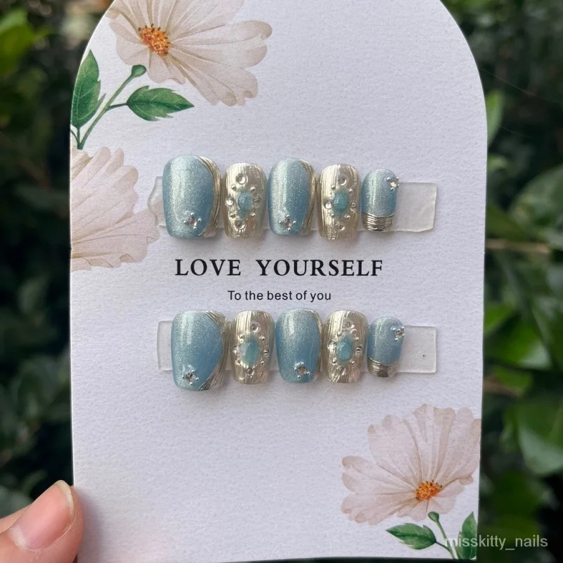 

Misskitty ручной работы Носите короткую лестницу a Chi Brati Series Lake Blue press-ногти Ложные nails