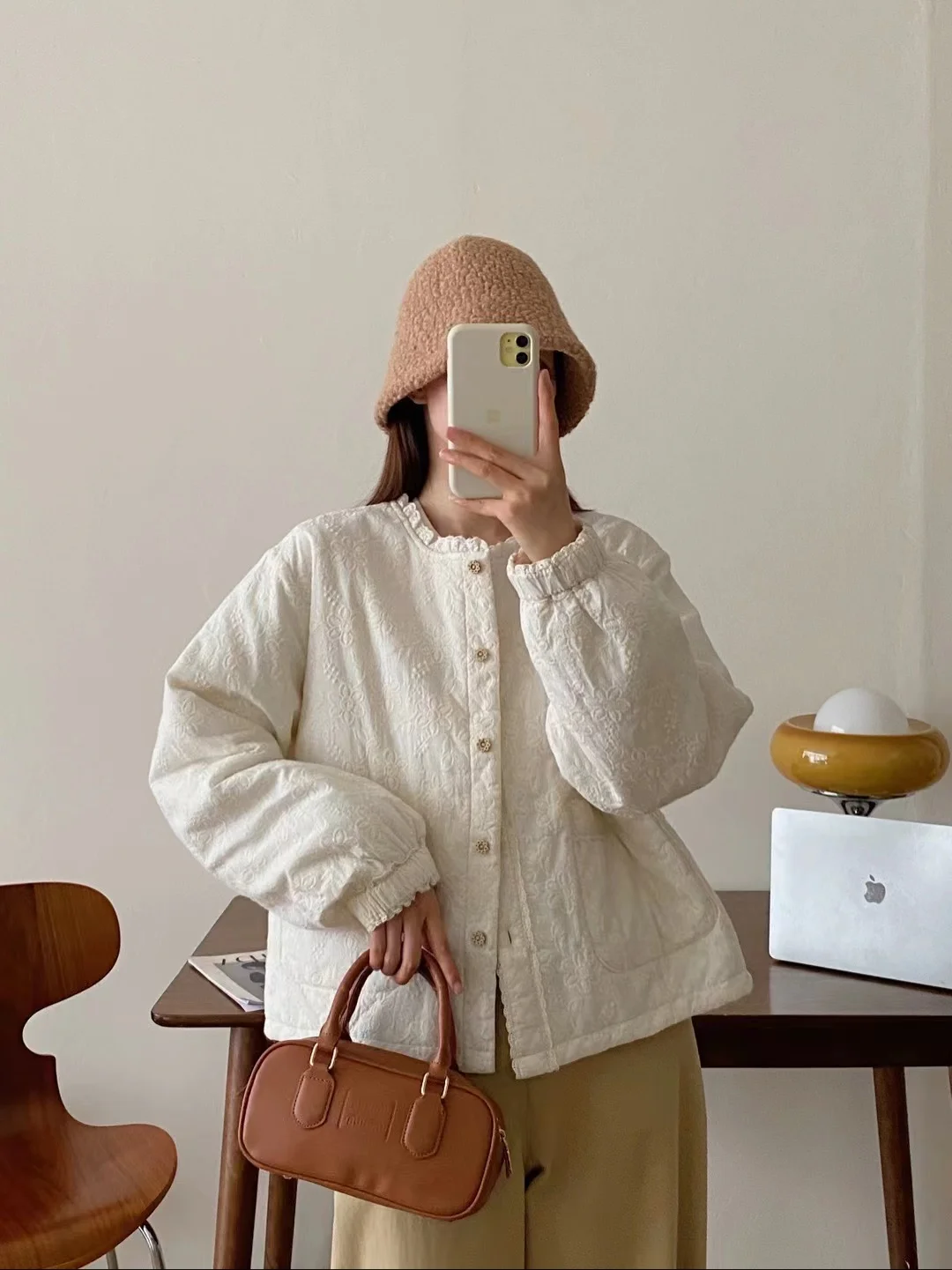 

Princ Sle Pure Color Embroidered Cotton Jaet Loose Fit Warm Casual Long Sve Women's Outerwear Winter Faion