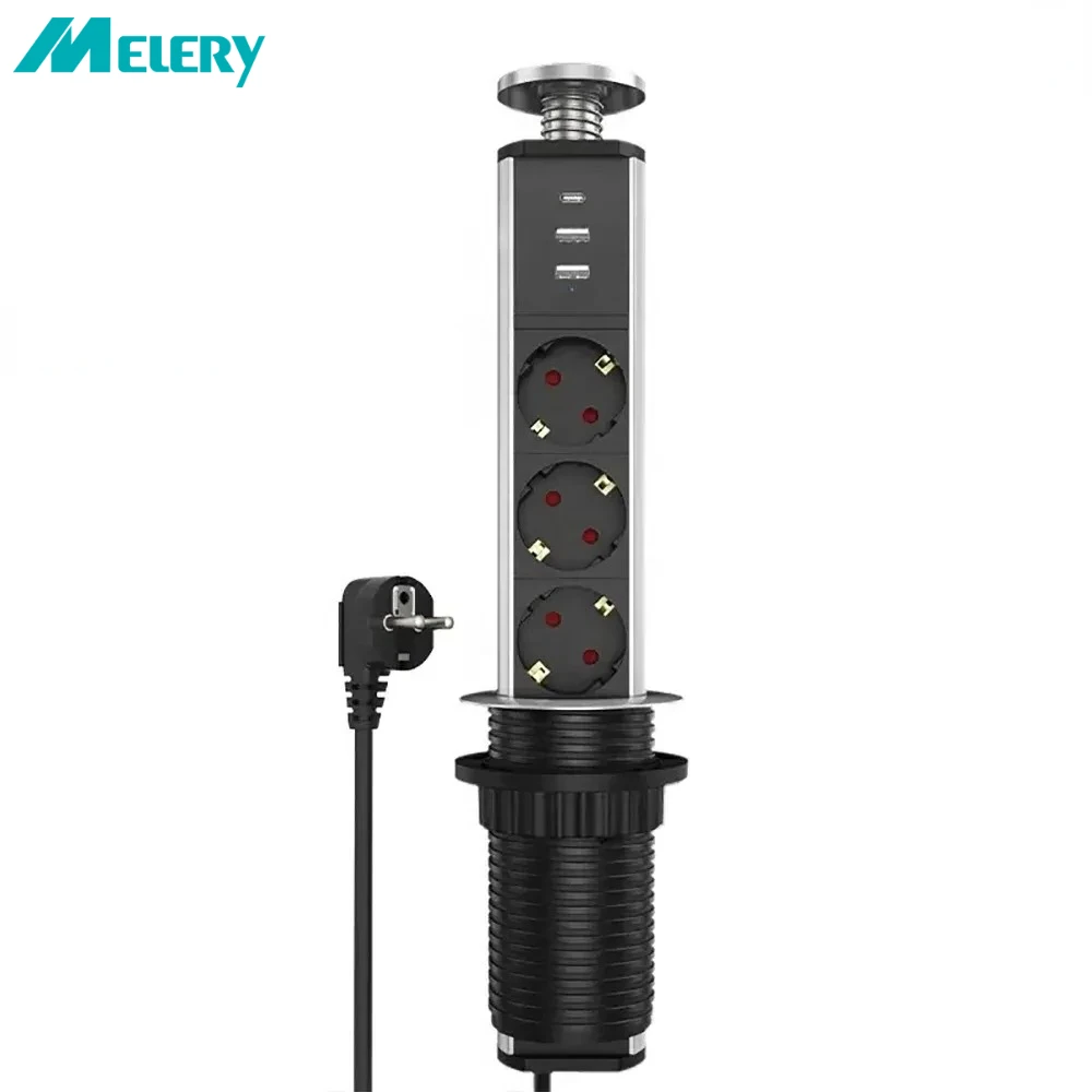 Melery Table Socket Pop Up Pull Power Point USB Type-C Charge Tabletop EU Electrical Plug Outlet Hidden for Office Kitchen Home