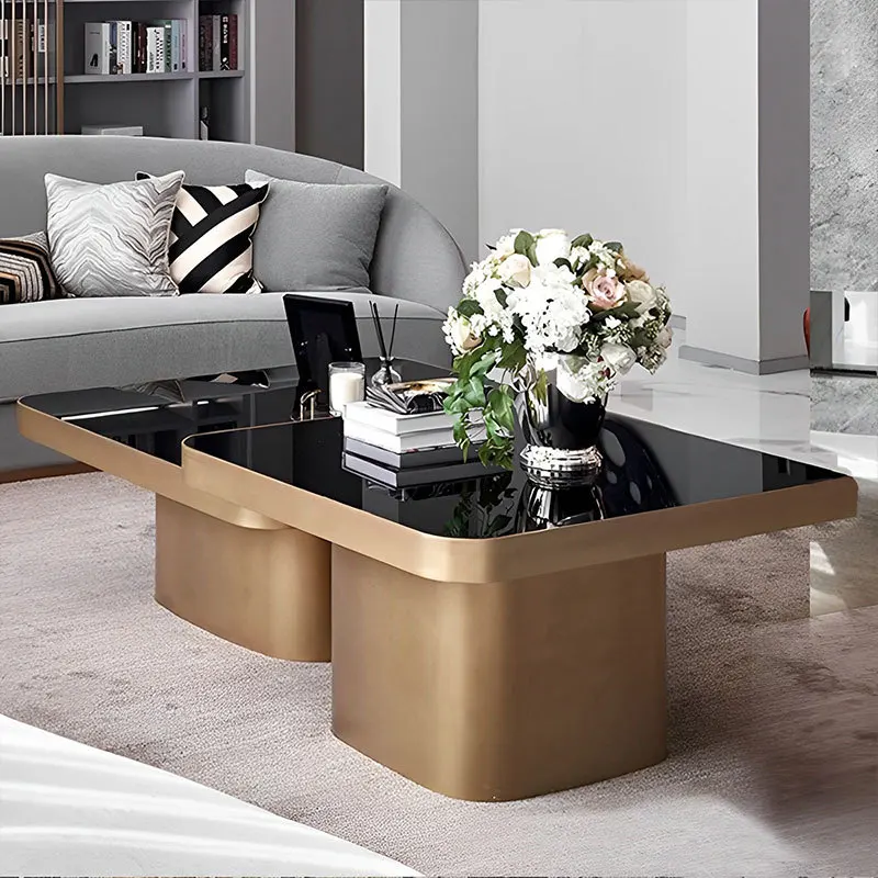 Meja kopi kombinasi baja tahan karat gaya mewah ringan untuk apartemen kecil, ruang tamu, bentuk persegi, meja teh kreatif, modern dan simpel