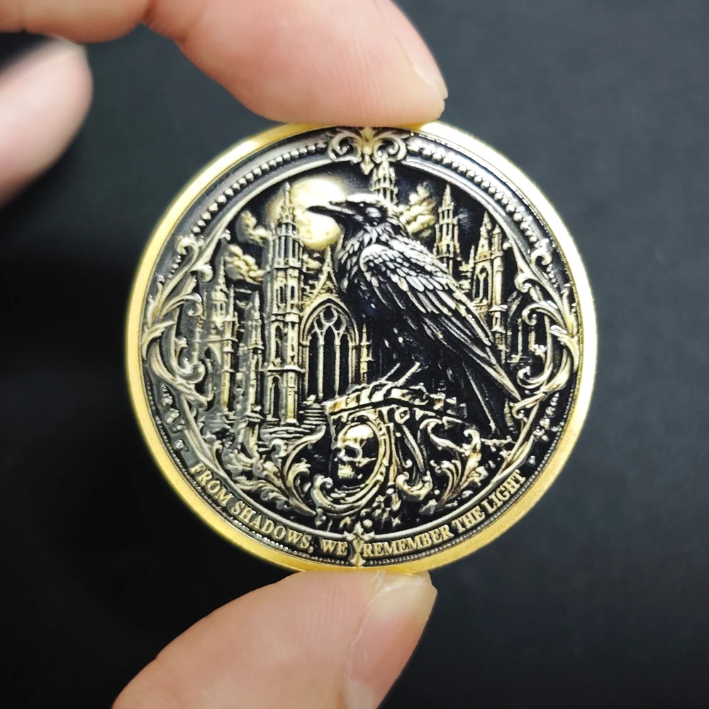 Wear Your Ruin Like A Crown Dark Metal Badge Gothic Skull King Raven 3D Embossed Medal Collectible Halloween Punk Ornament