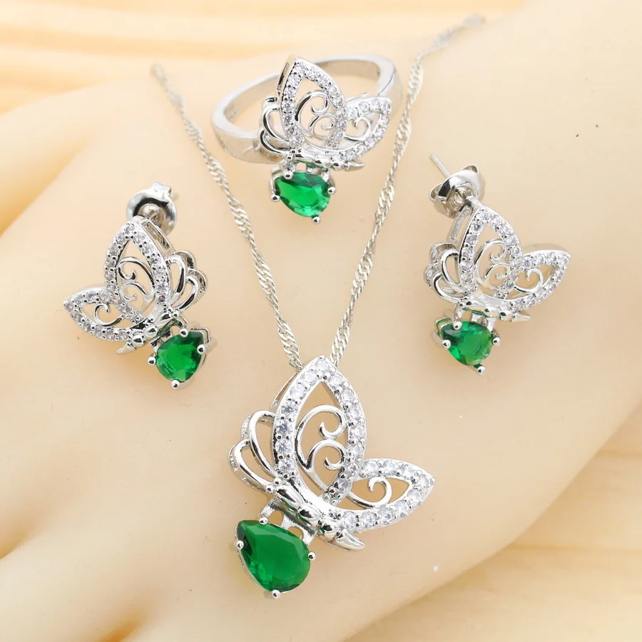 Classic Green Crystal Silver 925 Jewelry Sets Bridal Earrings For Women Zirconia Ring Pendant Necklace Set Wedding Jewelry Gift