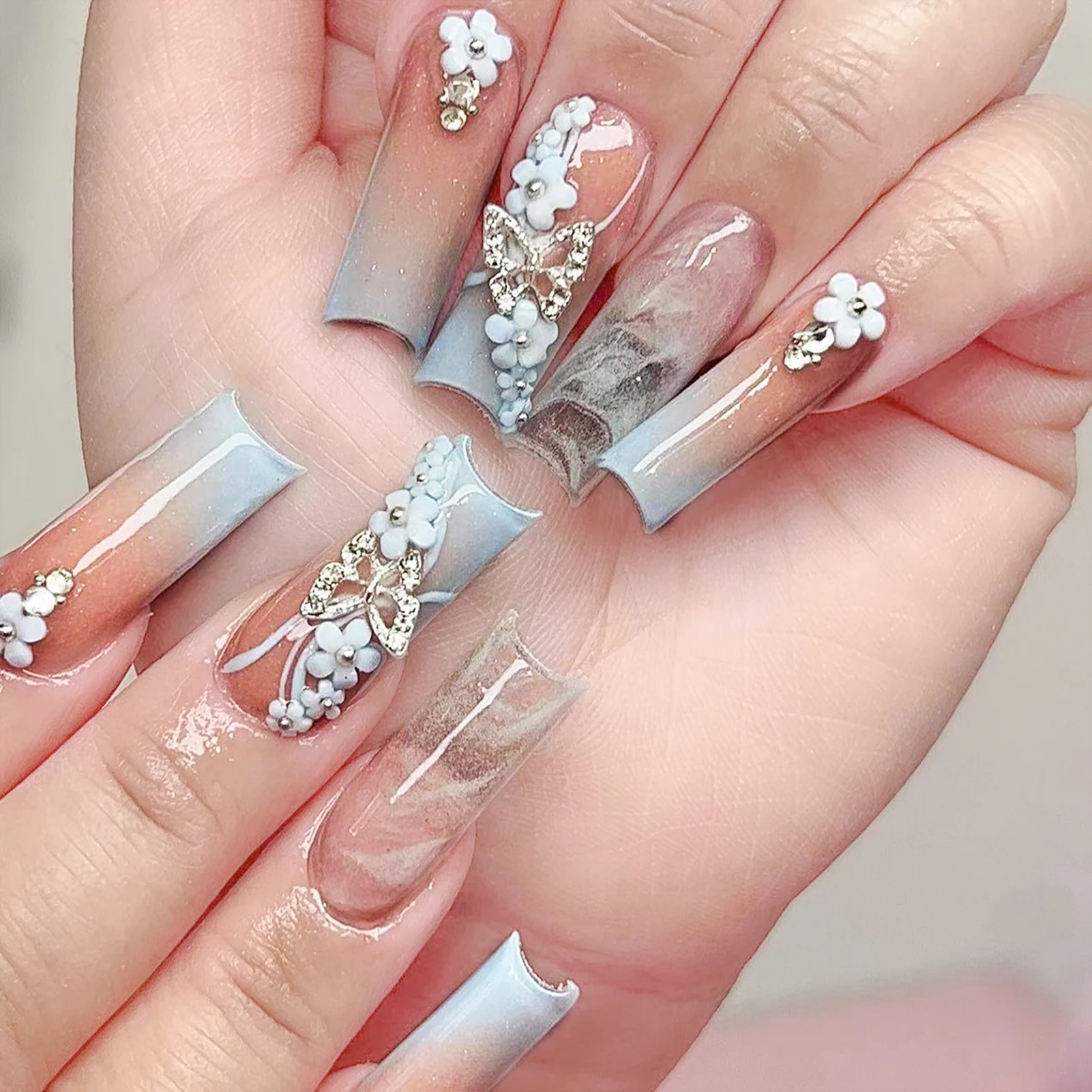 24PCS Nude Blue Gradient Long Press on Nails Long Lasting Safe Material Waterproof False Nails for Stage Performance Wear